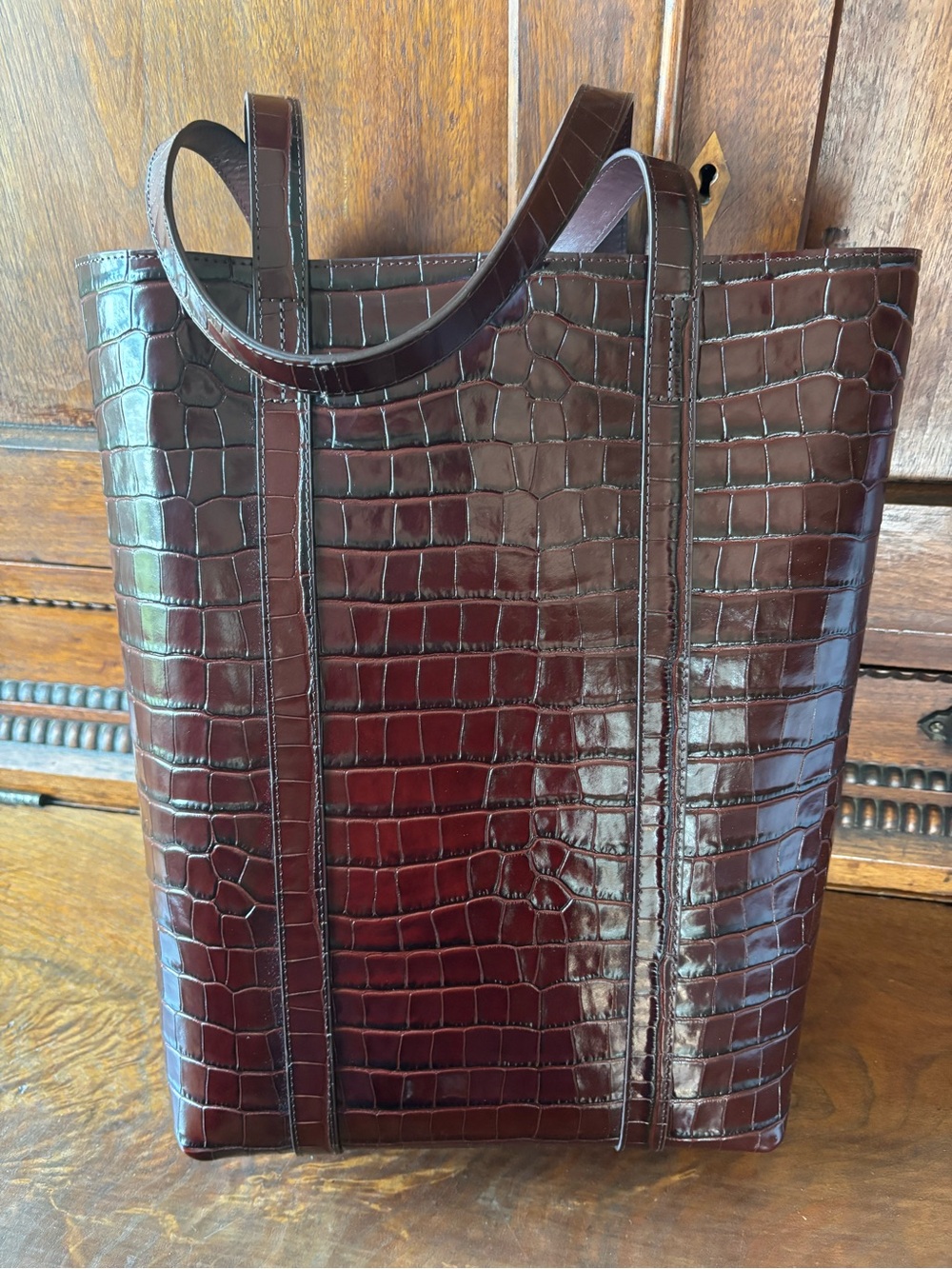 Sezane The Tote Croc-Embossed Leather Tote in Dark Brown - Picture 7 of 11